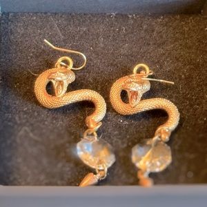 one of a kind hand made bronze snake earrings and crystal